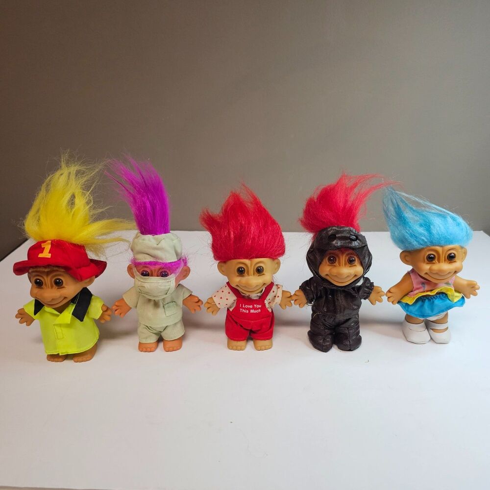 Vtg Lot of 5 Troll Dolls Doctor Fireman Valentine's Aviator Russ Berrie 1990s
